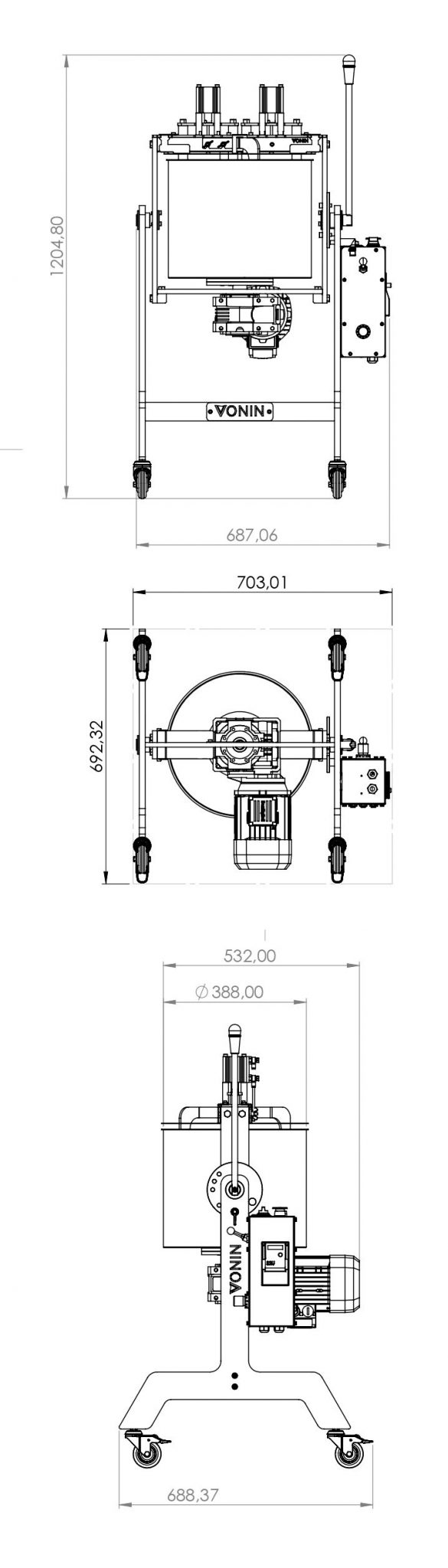 Melanger Andura technical drawing with dimensions